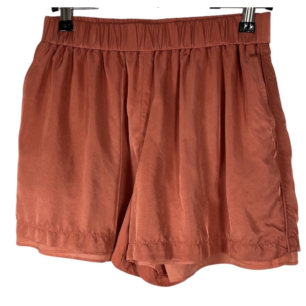 $425 TOCCIN Sz XS Shorts Satin Rust Terracotta Pockets Pull On Piping Lined Luxe